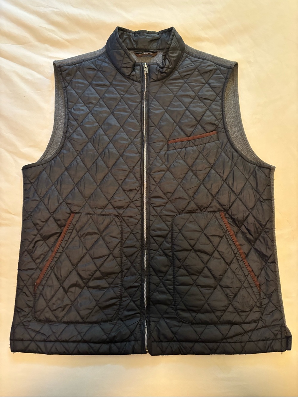 Tasso Elba Quilted Black Vest with Brown Trim